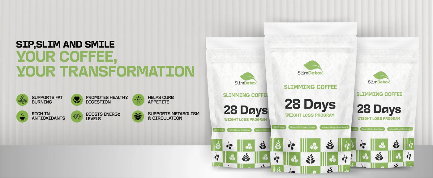 SlimDetox 28-Day Slimming Coffee Plan banner: A cup of slimming coffee with moringa, mint, and green tea for natural weight loss